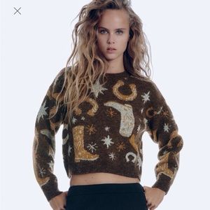 NWT ZARA Western Cowboy Boot Nashville Horseshoe Sweater Brown Metallic Small